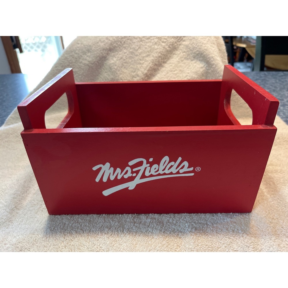 Mrs Fields Red Wooden Crate Storage Box with Handles Collectible Kitchen Decor